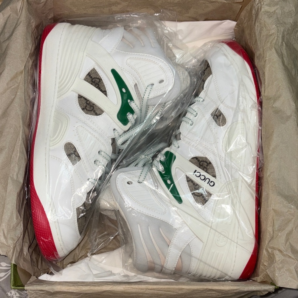 Gucci White Sneakers with Red Soles and Green Accents